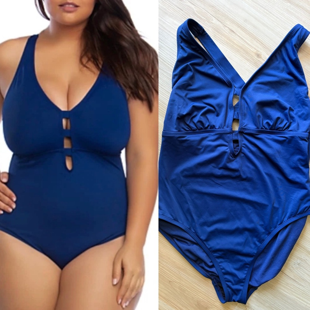 Lauren Ralph Lauren Swimsuit 16W Blue Shaping Plunge One Piece LR7DB09W Plus